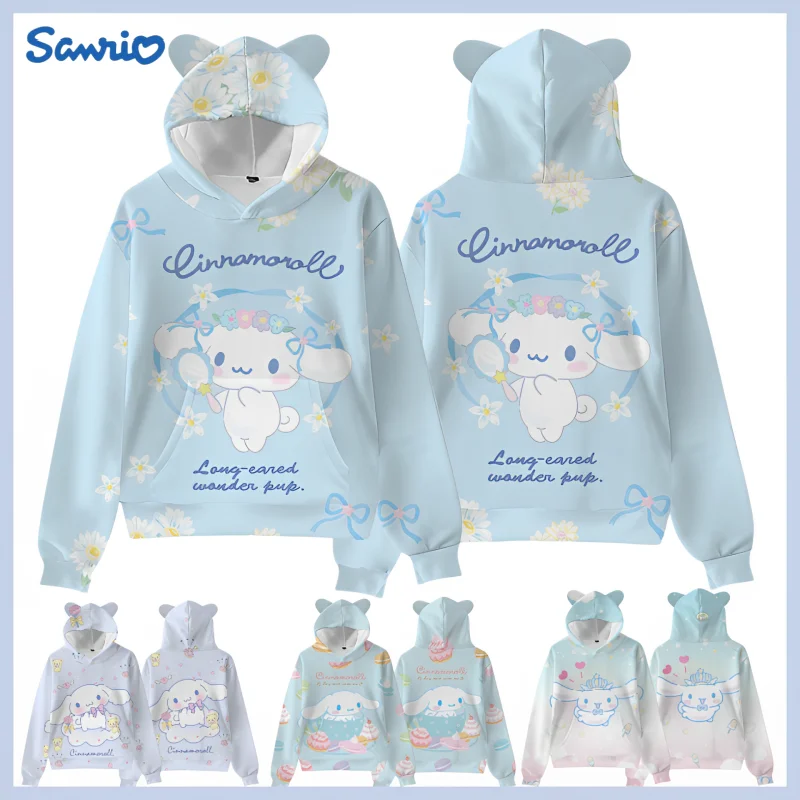 Sanrio Kawaii Risanka Cinnamorol Mačka Ušesa Hooded Digital Print Jeseni Modna Majica Srčkan Cinnamorol Majica